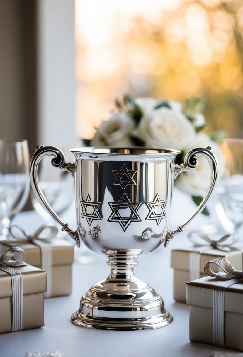 A sterling silver Kiddush cup sits on a table, surrounded by elegant Jewish wedding gifts