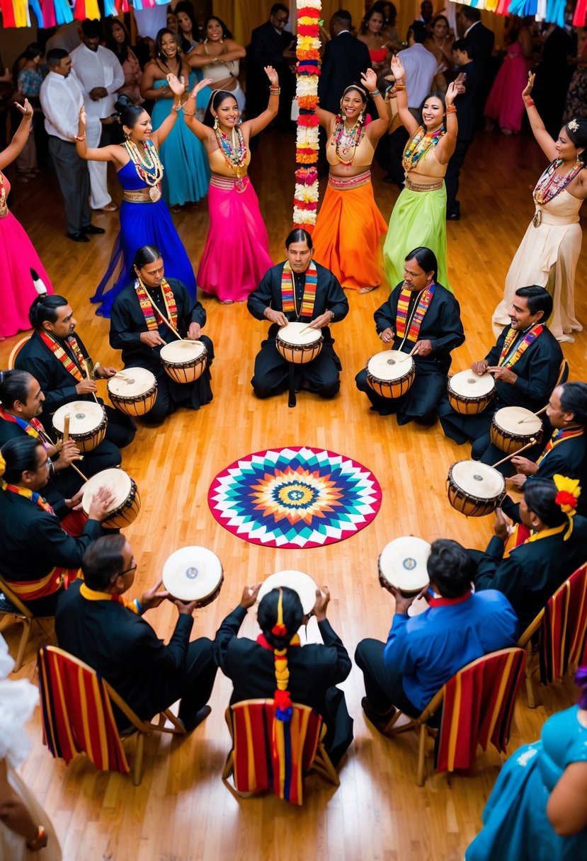 A circle of native American musicians playing traditional instruments at a wedding ceremony, surrounded by vibrant tribal decorations and dancing guests