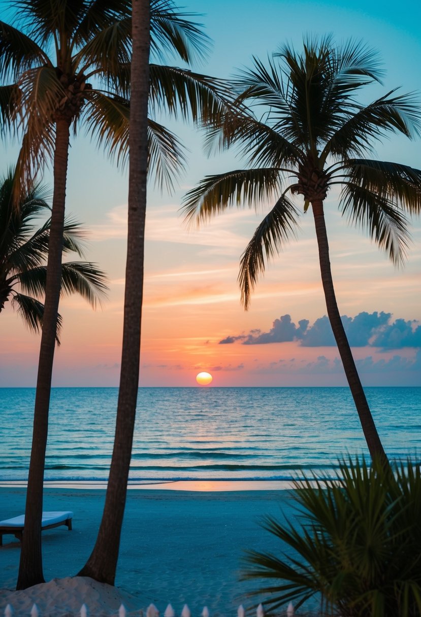 A secluded beach with palm trees, a private bungalow, and a romantic sunset over the ocean at Little Palm Island, Florida