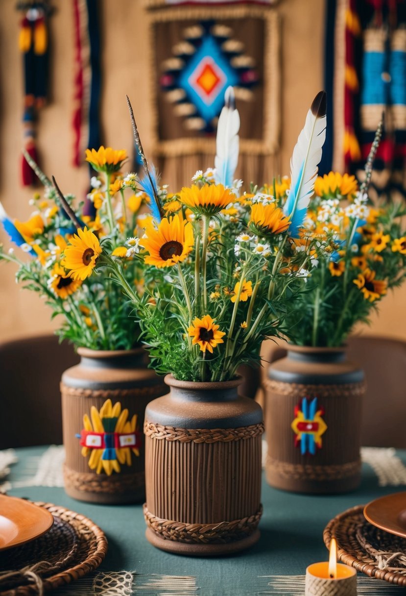 A table adorned with wildflowers in rustic vases, surrounded by traditional Native American decor and symbols