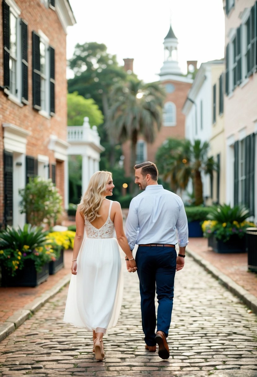 A couple strolling along the cobblestone streets of Charleston, passing by historic buildings and lush gardens