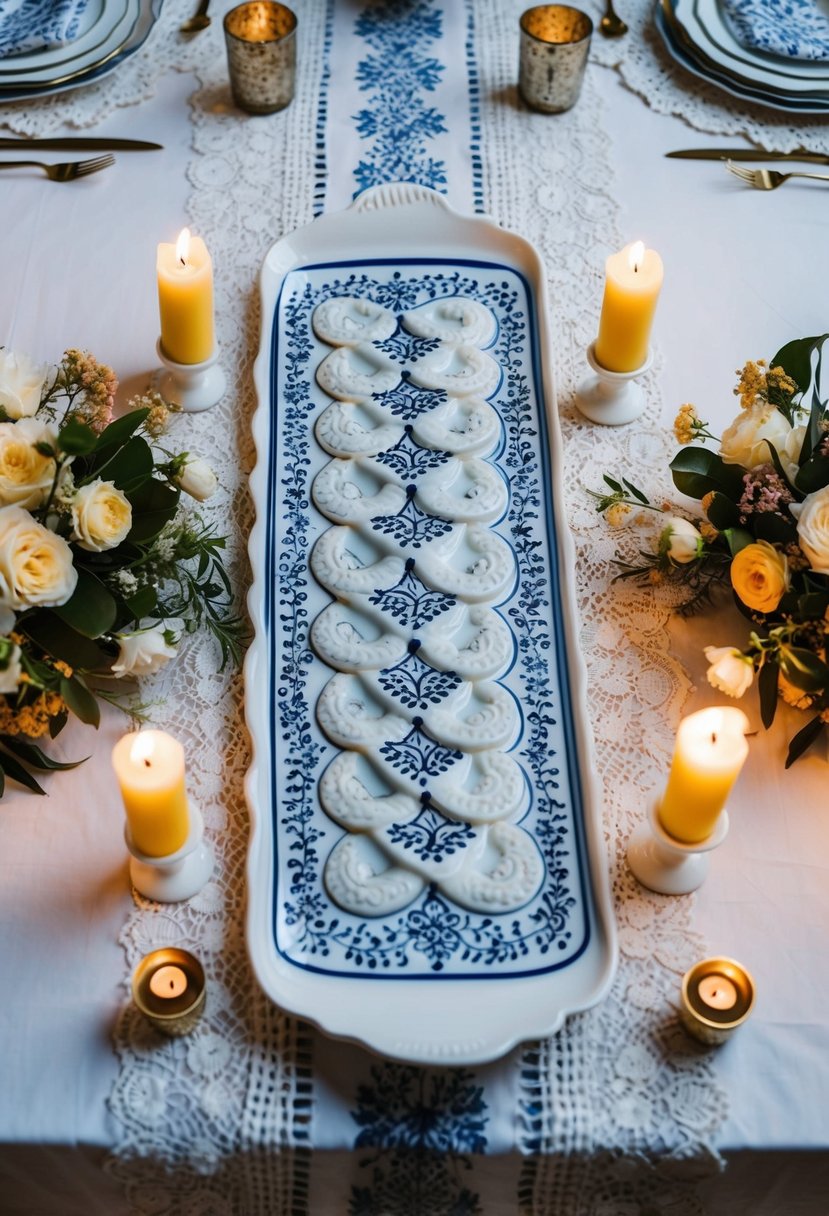 A porcelain challah board adorned with intricate patterns, set on a table with a lace tablecloth, surrounded by candles and flowers