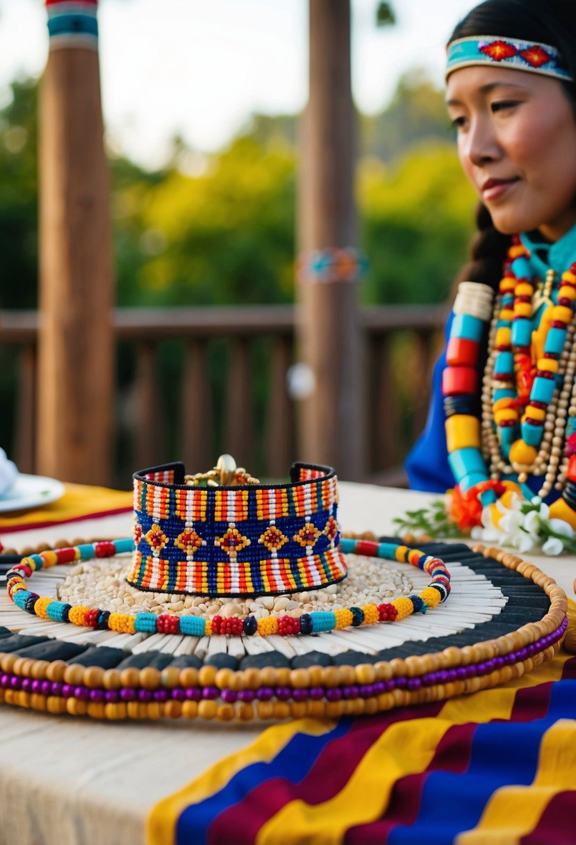 A traditional Native American wedding scene with handmade beaded jewelry on a ceremonial table