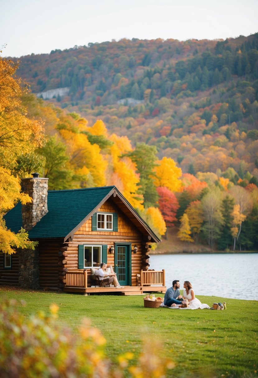 A cozy cabin nestled in the colorful foliage of the Berkshire mountains, with a serene lake in the background and a couple enjoying a romantic picnic