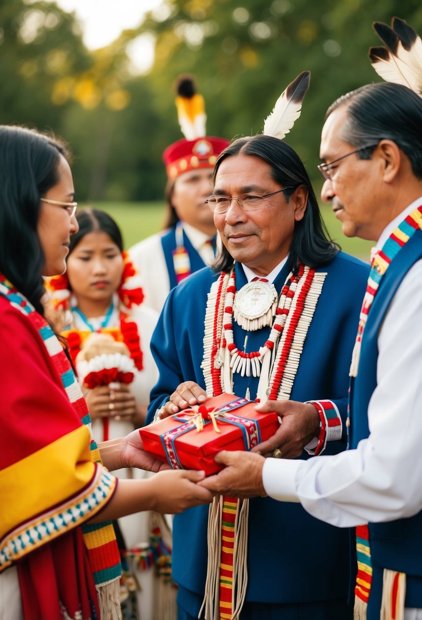 A traditional Native American wedding scene with a gift of customary tobacco