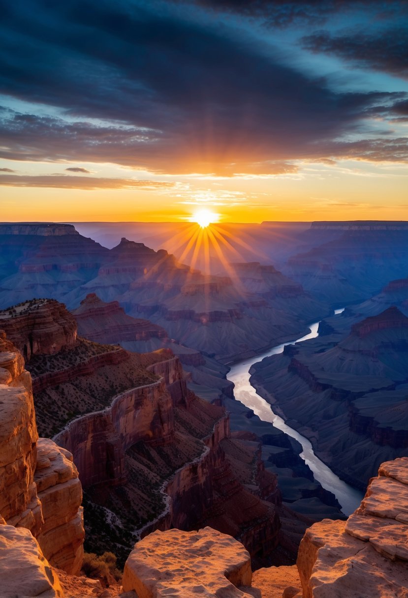 The sun sets over the vast Grand Canyon, casting a warm glow on the rugged cliffs and winding Colorado River below