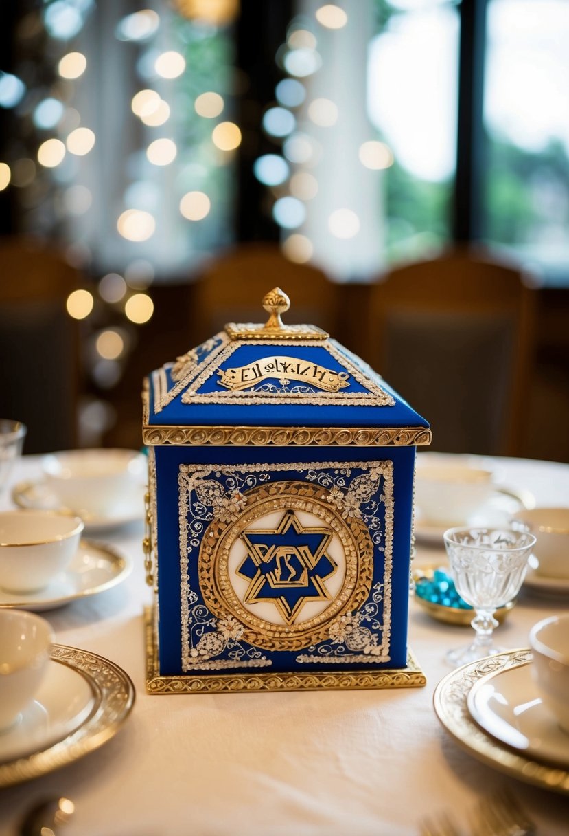 A beautifully decorated Tzedakah box sits on a table, adorned with intricate designs and personalized details, making it a thoughtful and meaningful Jewish wedding gift