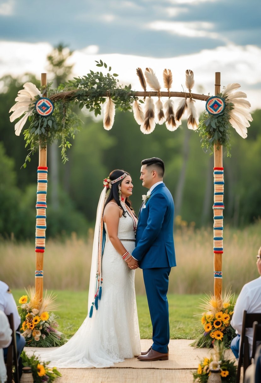 A traditional Native American wedding ceremony with a couple standing beneath a decorated arch, surrounded by nature and traditional symbols