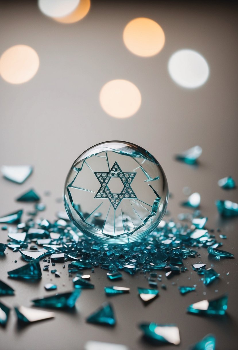 A shattered glass keepsake lies among scattered shards, symbolizing the tradition of breaking the glass at a Jewish wedding ceremony