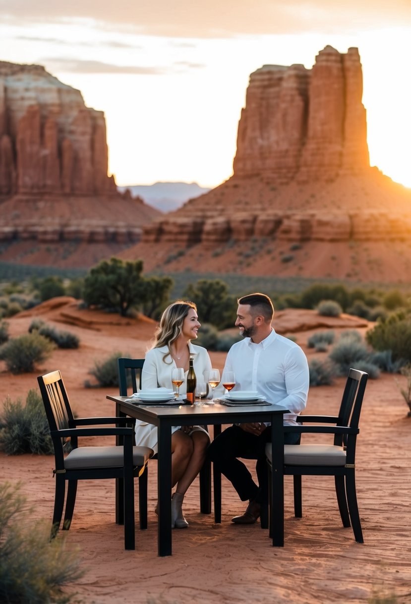 A couple sits at a private outdoor dining table surrounded by the rugged desert landscape of Canyon Point, Utah. The sun sets behind the towering red rock formations, casting a warm glow over the scene