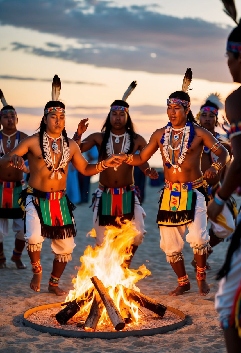 A group of Native American dancers perform a traditional wedding dance around a central fire, wearing colorful regalia and moving to the beat of drums