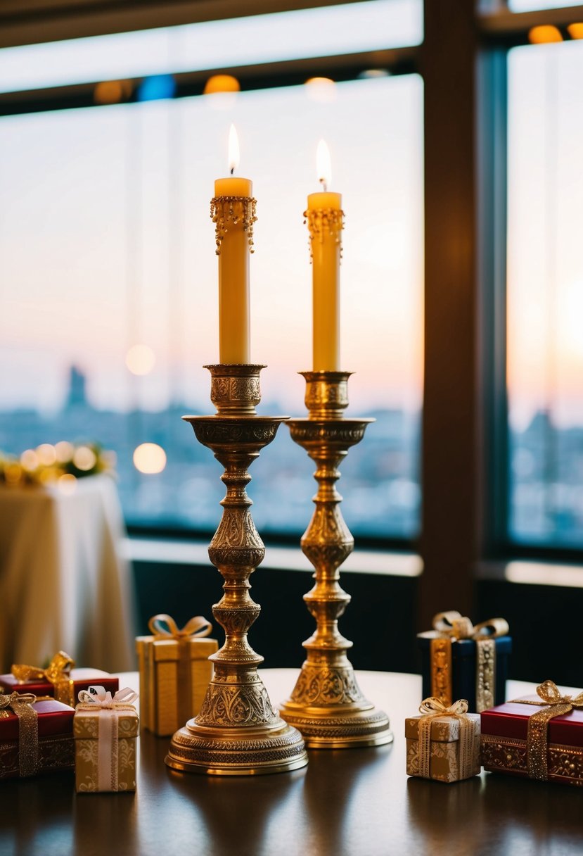 A pair of ornate Shabbat candlesticks on a table, surrounded by traditional Jewish wedding gifts