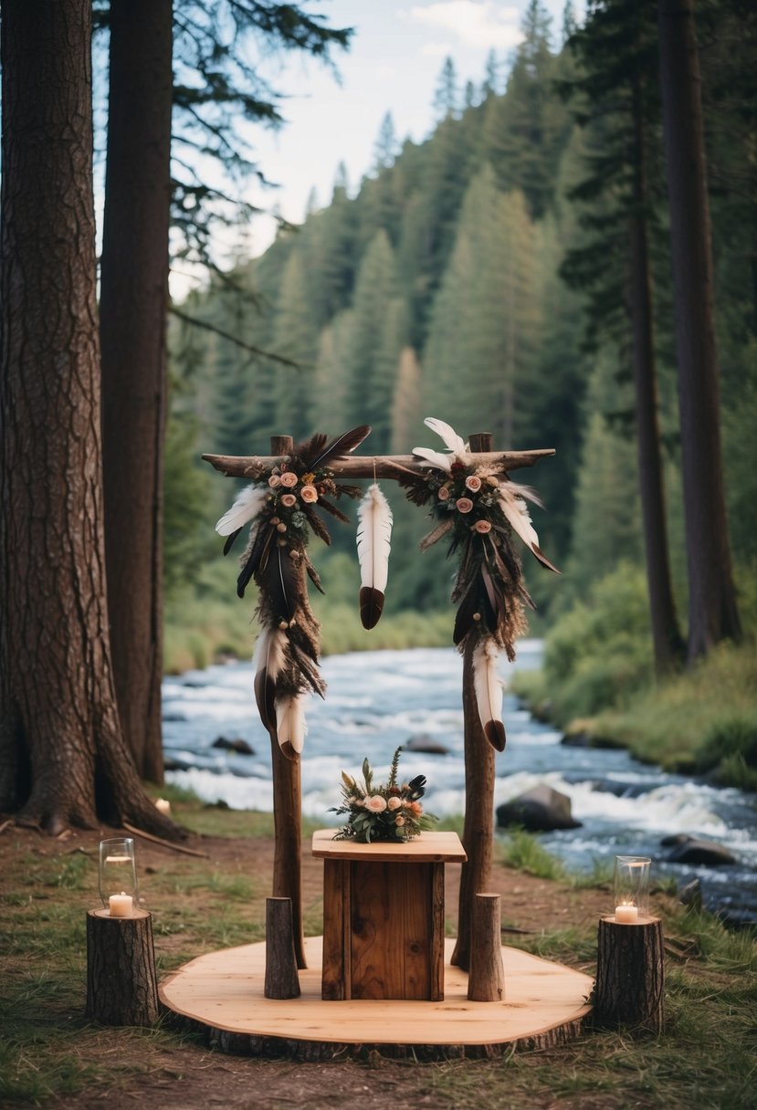 A serene forest clearing with a wooden altar adorned with feathers and flowers, surrounded by tall trees and a flowing river