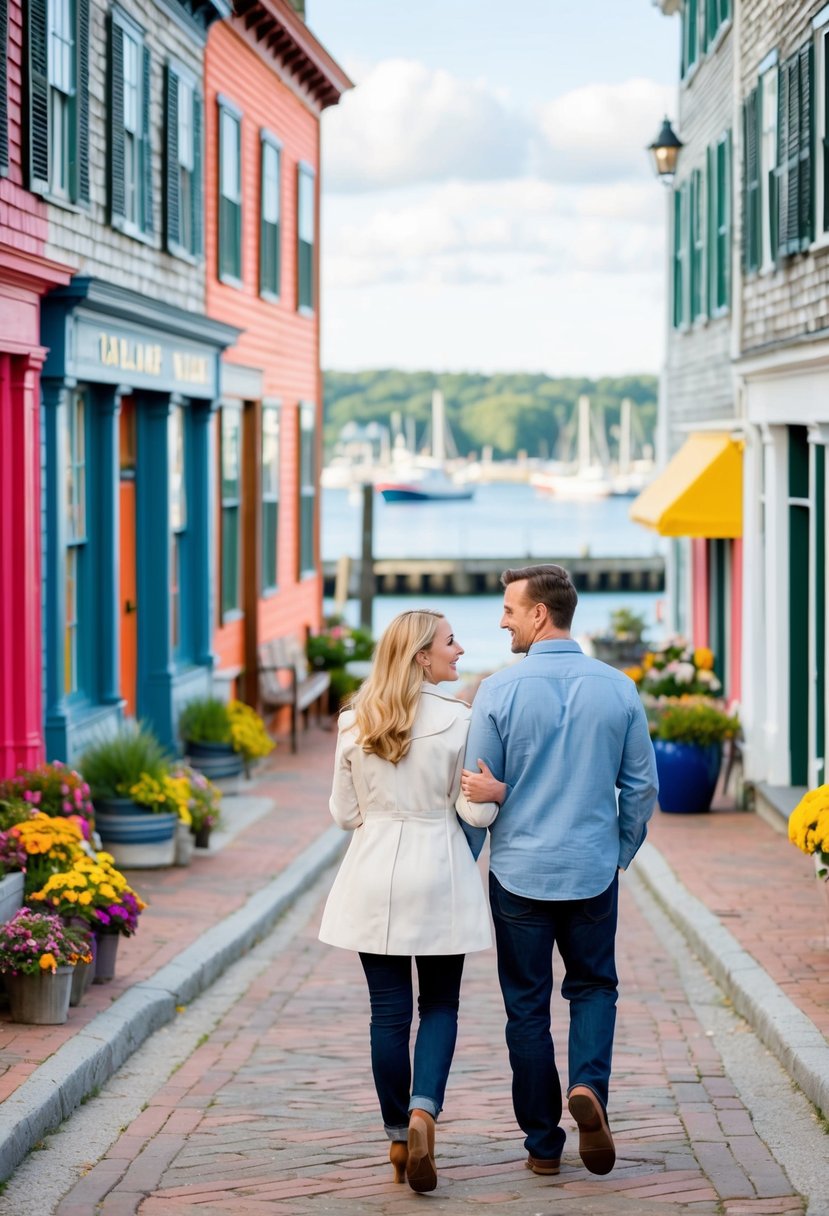 A couple strolling along the charming streets of Camden, Maine, surrounded by historic buildings and colorful storefronts, with a view of the harbor in the background