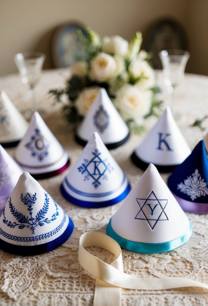 A table displays custom-engraved wedding kippahs in various designs and colors, surrounded by delicate lace and elegant ribbon