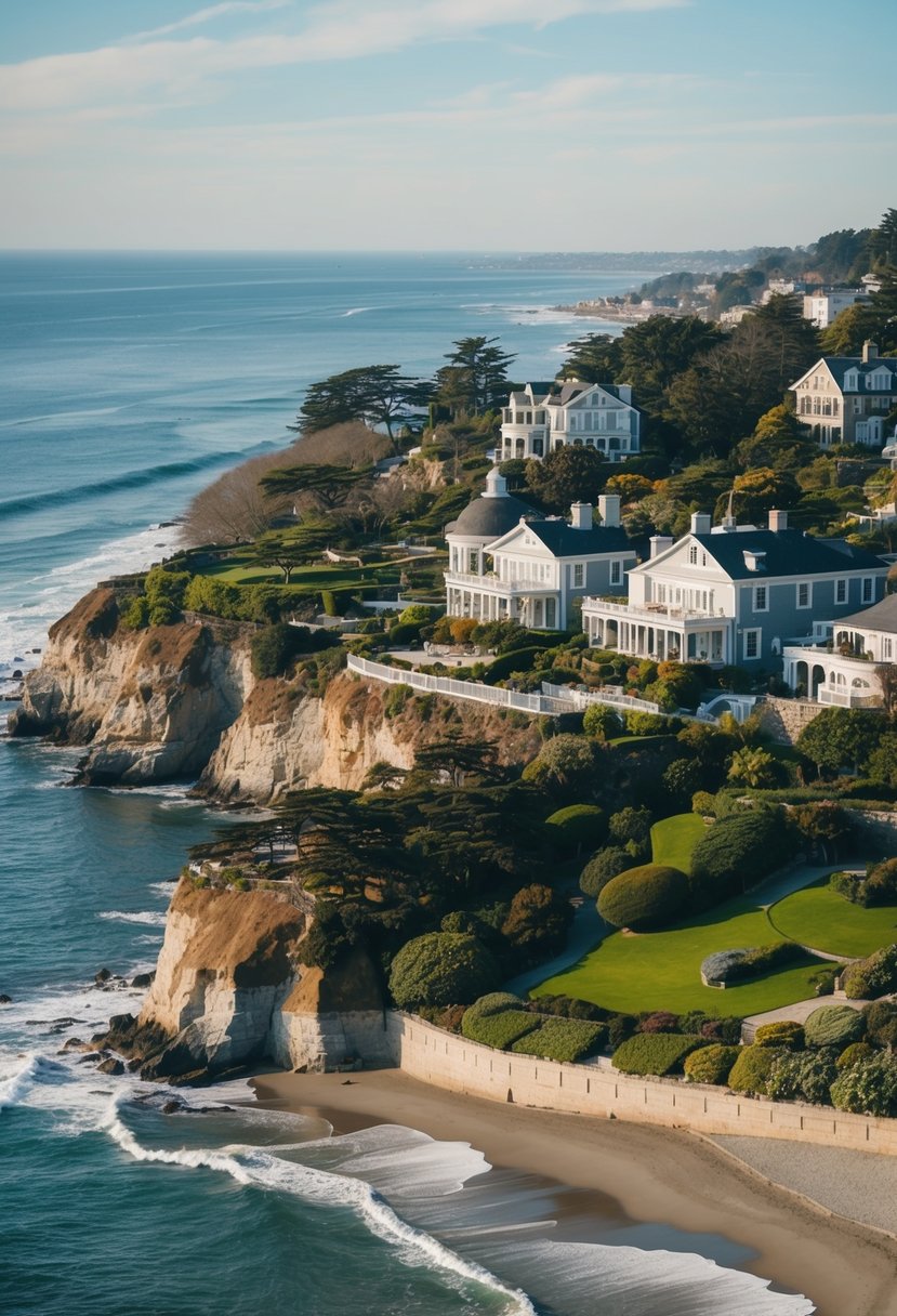 A scenic view of Newport's Cliff Walk with ocean, mansions, and gardens