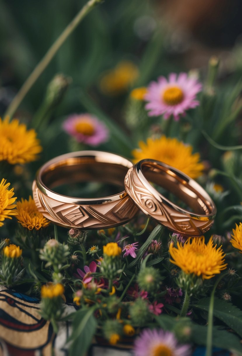 Two intricately carved wedding rings resting on a bed of colorful wildflowers, surrounded by traditional Native American symbols and patterns