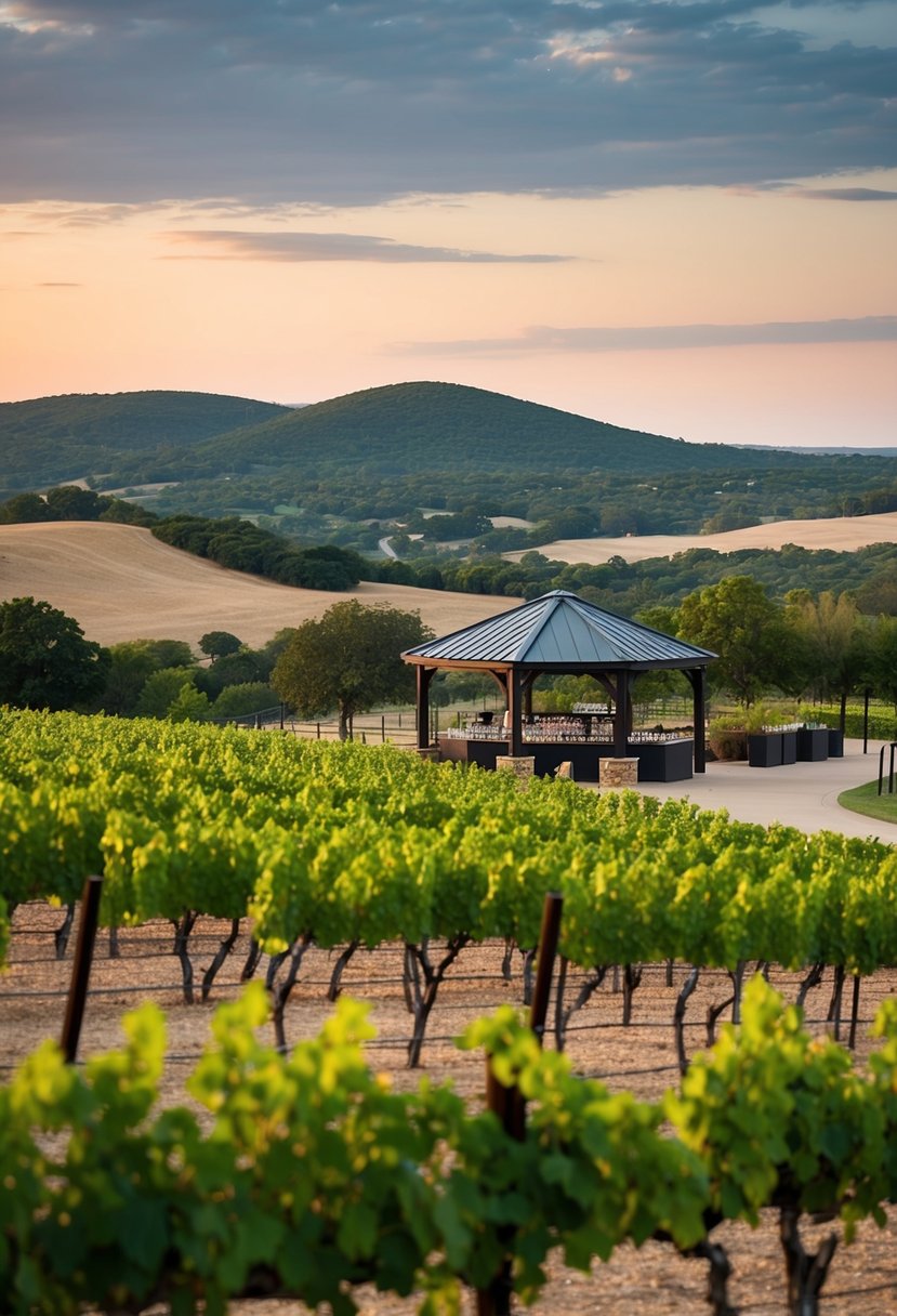 A scenic vineyard in Fredericksburg, Texas, with rolling hills, lush grapevines, and a charming wine tasting area