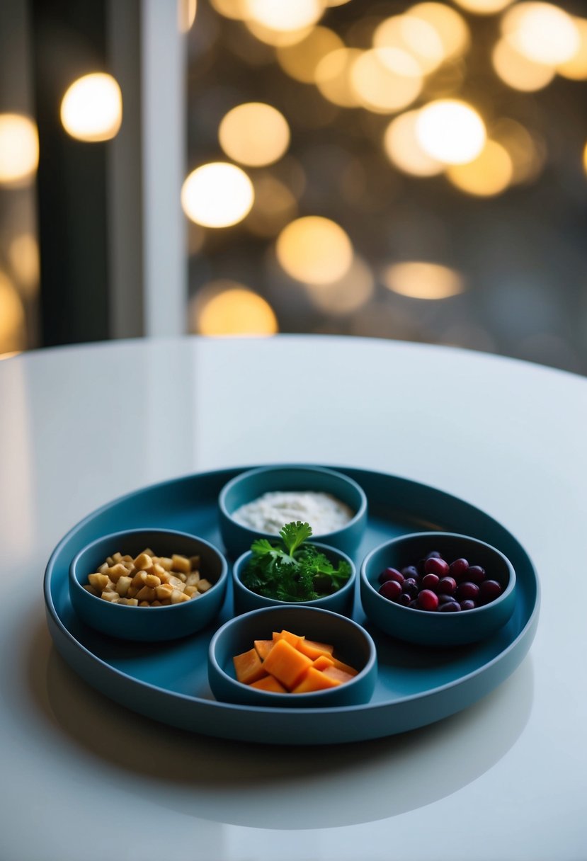 A modern Seder plate with sleek, minimalist design, featuring six compartments for symbolic Passover foods