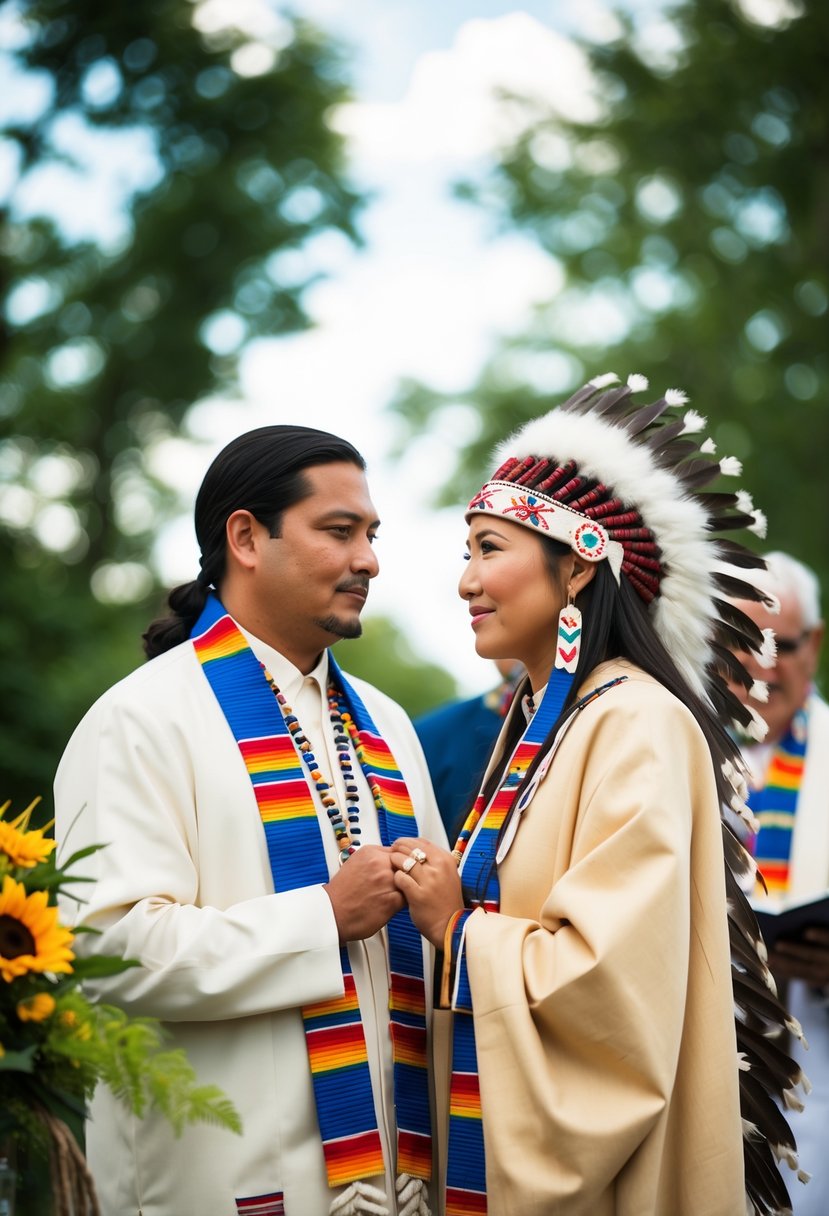 A traditional Native American wedding ceremony with a couple wearing custom attire, surrounded by nature and cultural elements