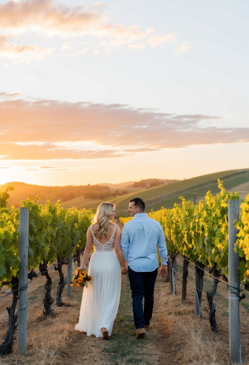 A couple strolls through a vineyard, surrounded by rolling hills and a golden sunset in San Luis Obispo, California