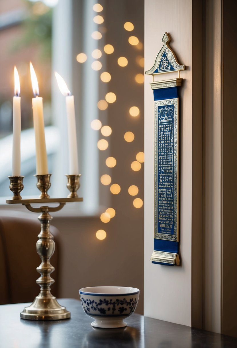 A traditional Jewish home blessing, featuring a mezuzah on the doorpost, a Shabbat candlestick, and a Kiddush cup on a table