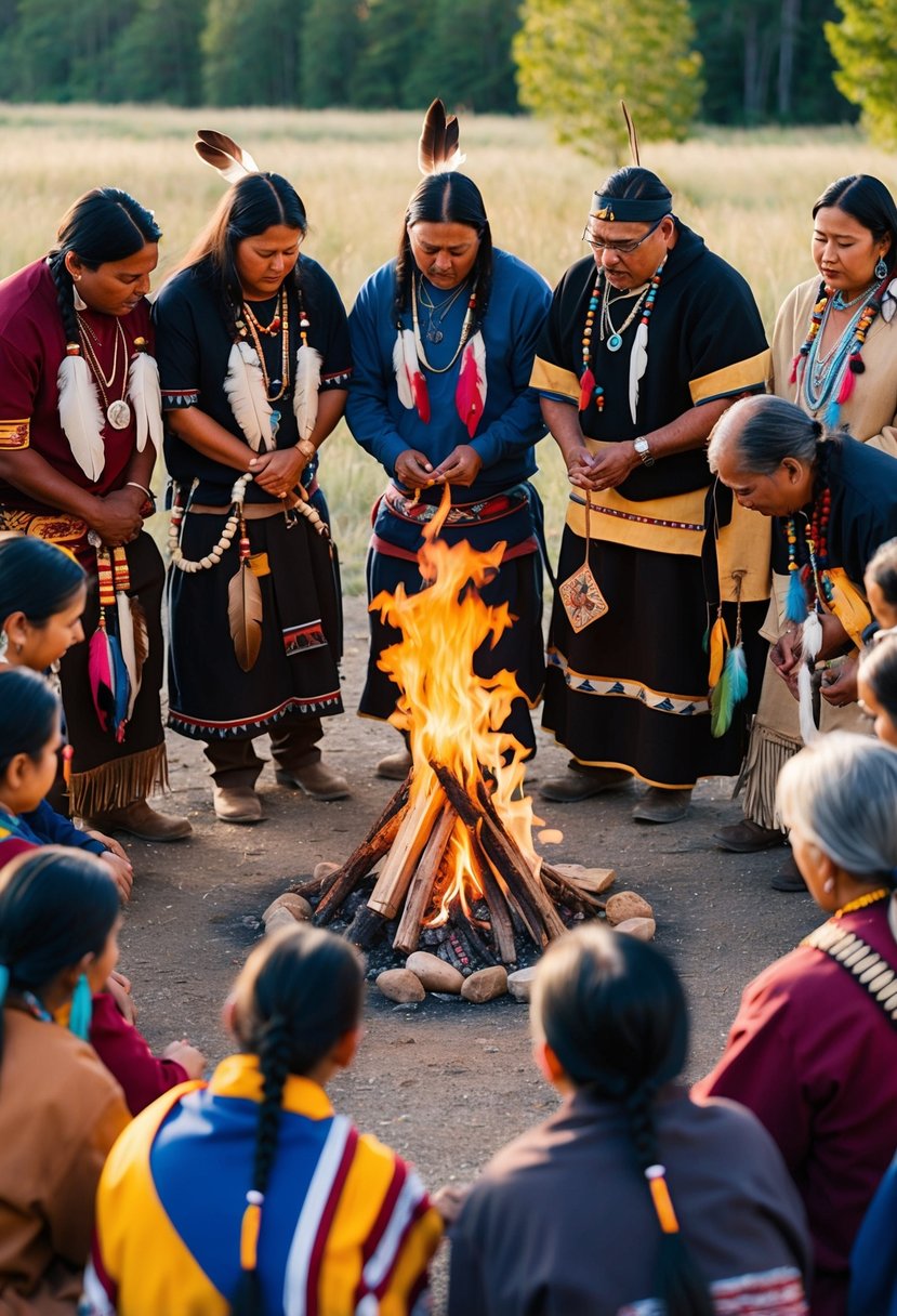 A circle of people in traditional Native American attire gather around a sacred fire, adorned with feathers and beads, as they perform a blessing ceremony