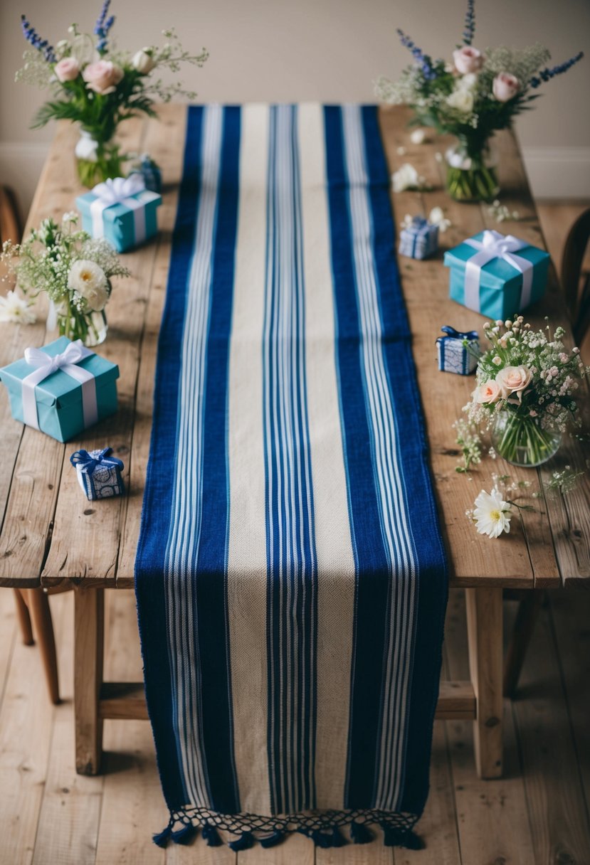 A handwoven tallit prayer shawl draped over a rustic wooden table, surrounded by delicate flowers and traditional Jewish wedding gifts