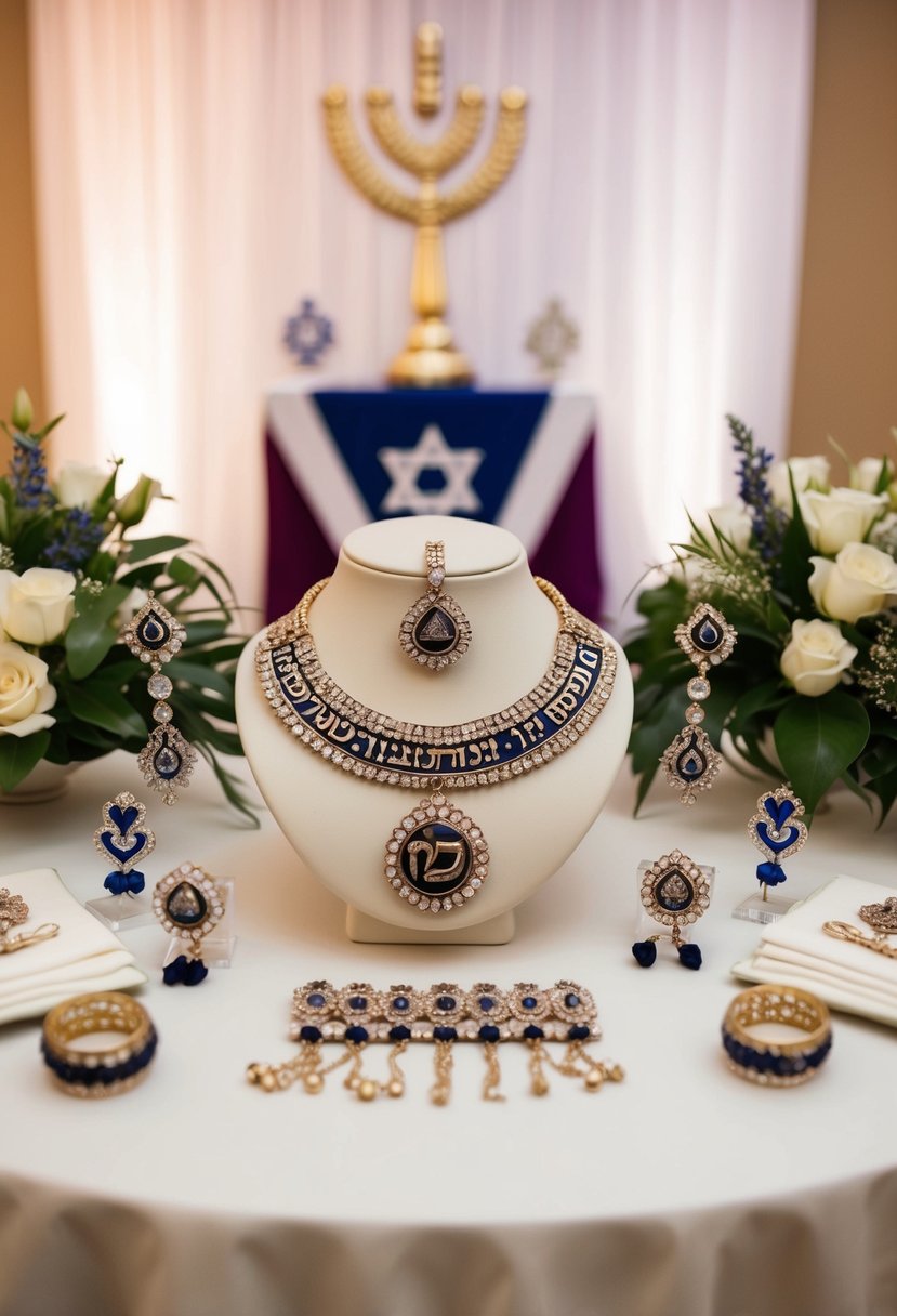 A table displaying ornate, Hebrew-inscribed jewelry, surrounded by traditional Jewish wedding symbols and decor