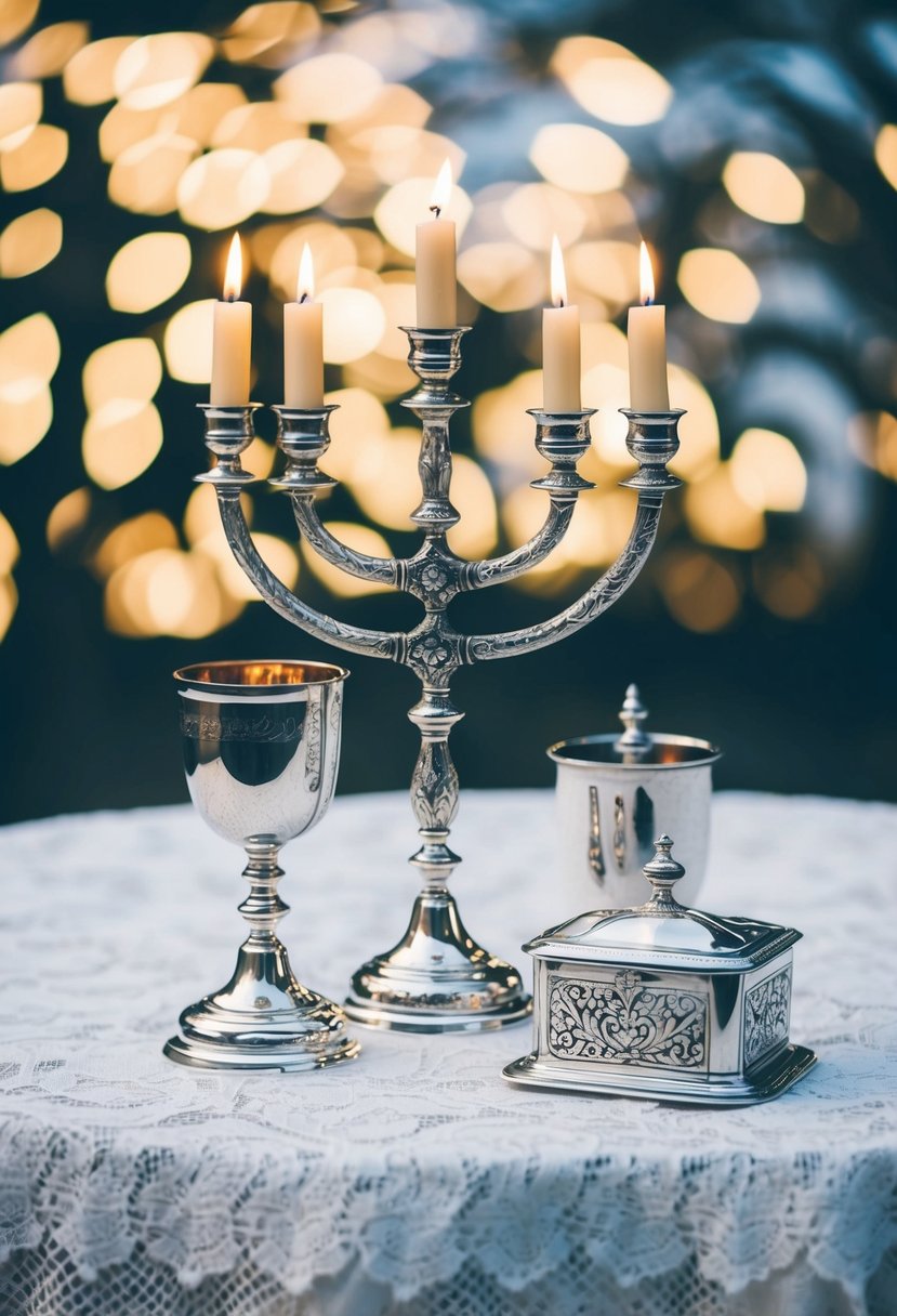 A silver Havdalah set with ornate candle holder, spice box, and kiddush cup on a lace tablecloth