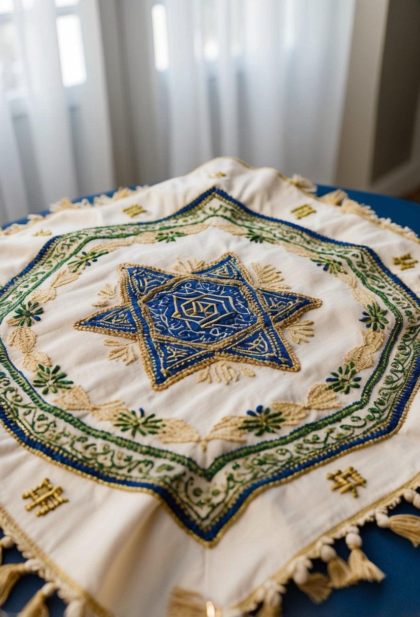 A beautifully embroidered challah cover with intricate patterns and traditional Jewish symbols, perfect for a wedding gift