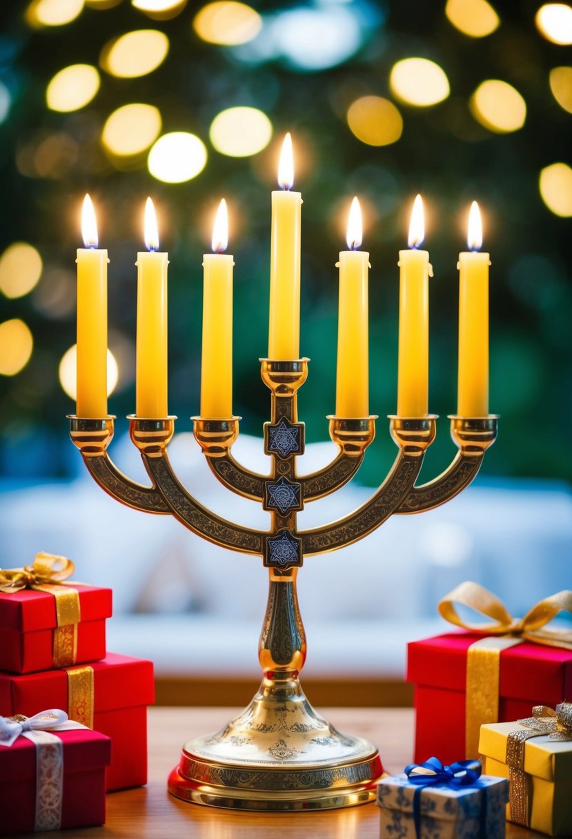 A beautiful menorah with nine lit candles symbolizing new beginnings, surrounded by traditional Jewish wedding gifts