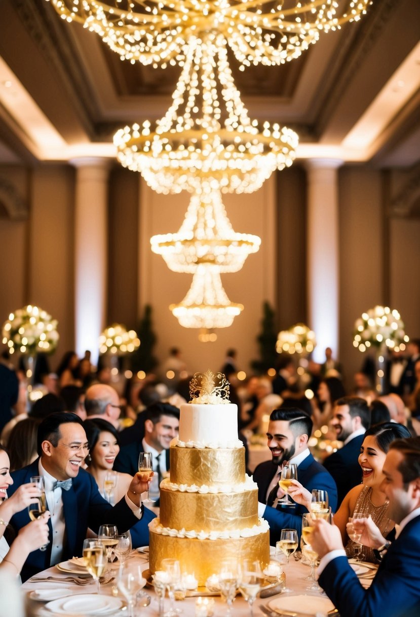 A grand banquet hall adorned with golden decorations, twinkling lights, and a towering tiered cake surrounded by tables filled with guests laughing and toasting