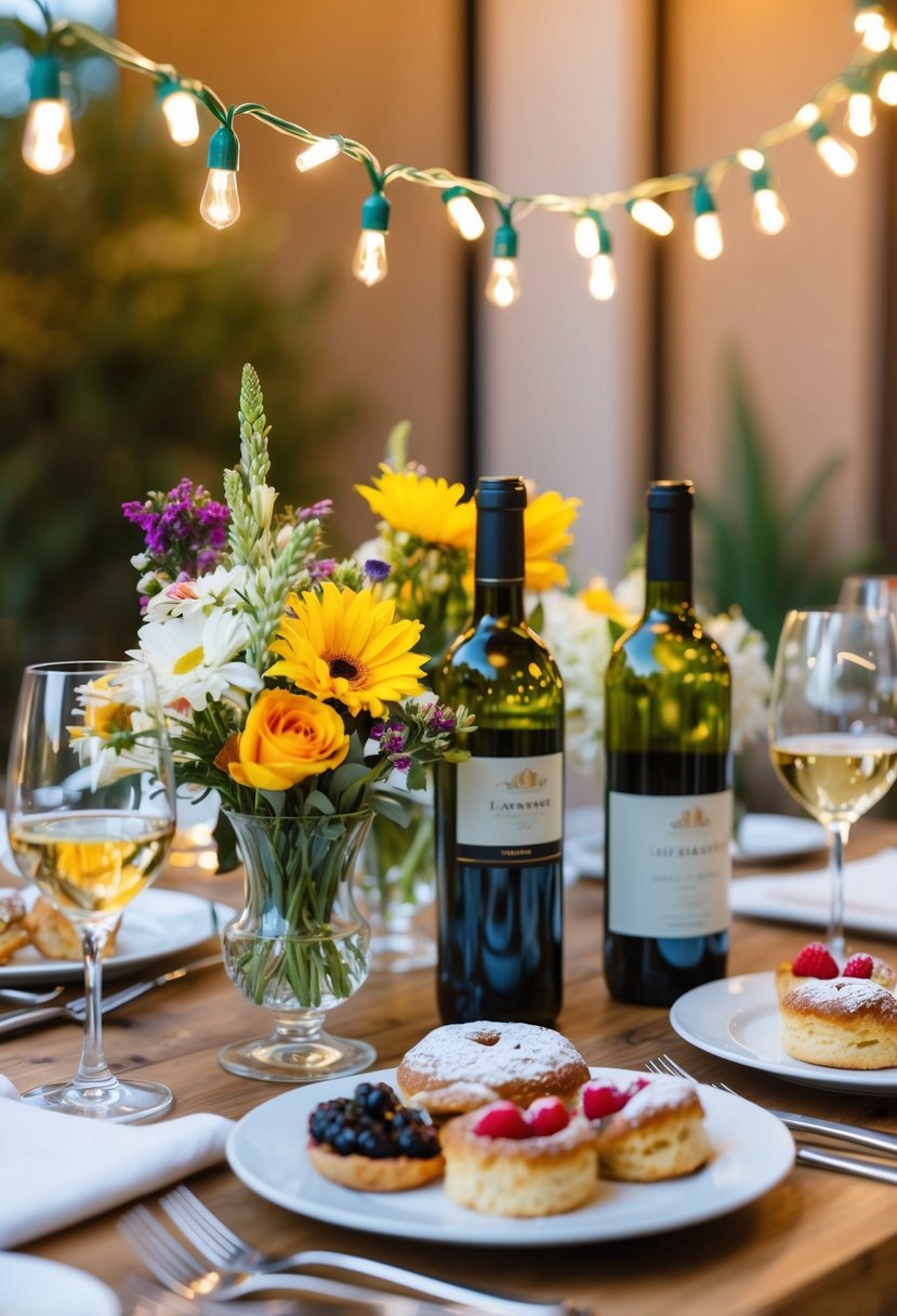 A table adorned with fresh flowers, wine bottles, and Italian pastries. A string of twinkling lights hangs overhead, adding a warm and inviting ambiance