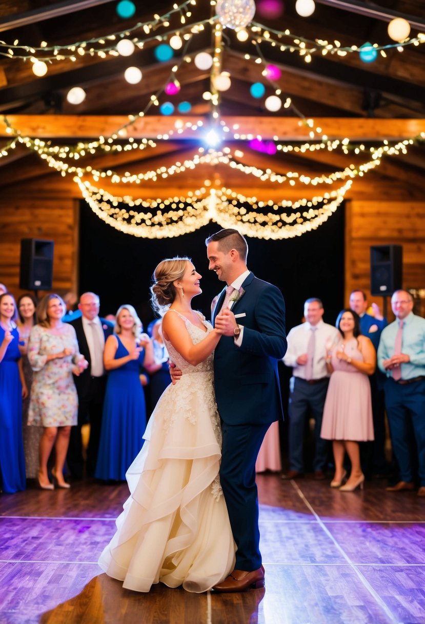 A couple twirls on a dance floor surrounded by friends and family, with colorful decorations and twinkling lights creating a festive atmosphere