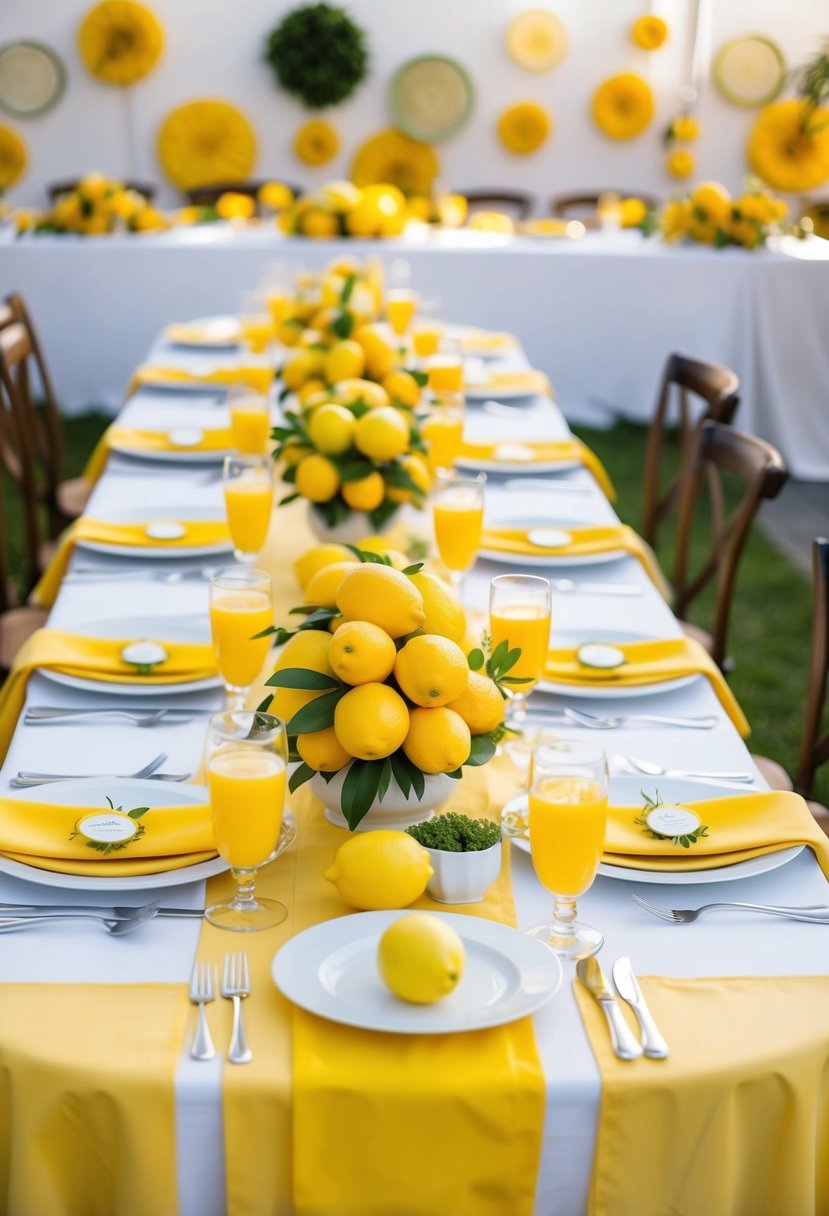 A table set with lemon centerpieces, yellow linens, and citrus-themed decor for a vibrant Italian wedding shower