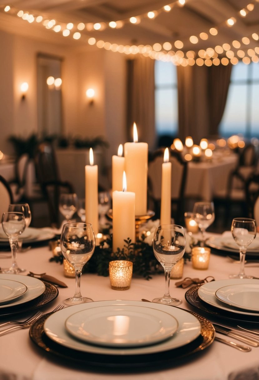 A table set with elegant dinnerware and a centerpiece of flickering candles, surrounded by soft, warm lighting and romantic ambiance