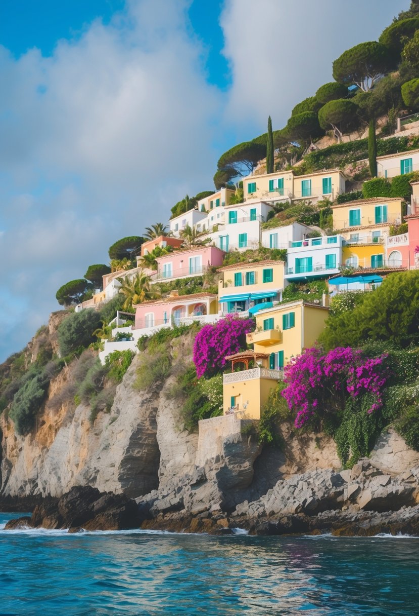 A seaside cliff with colorful villas cascading down to the sparkling blue sea, surrounded by lush greenery and blooming bougainvillea