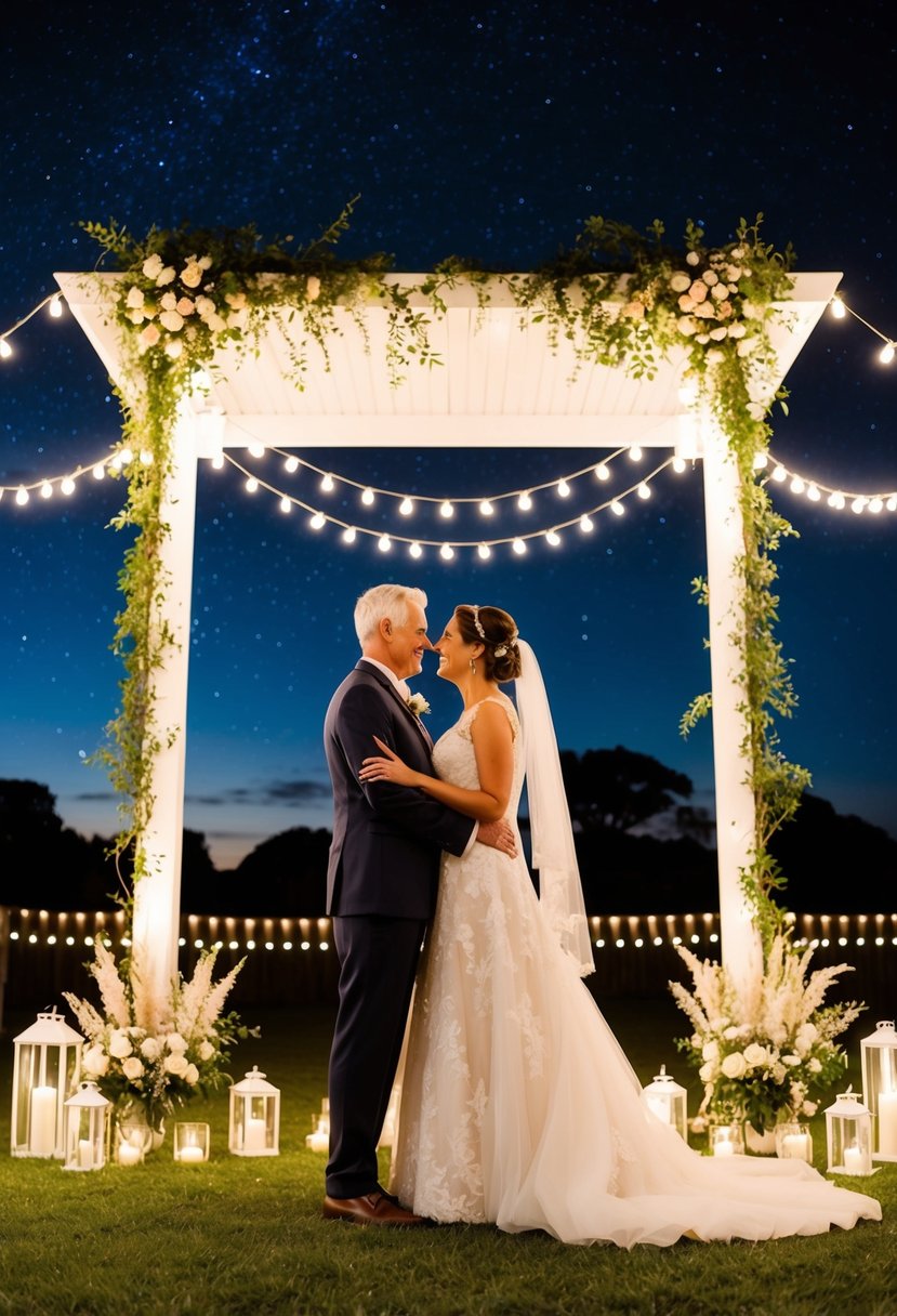 A couple stands beneath a starry sky, surrounded by twinkling lights and a beautifully decorated outdoor setting, renewing their vows on their 45th wedding anniversary