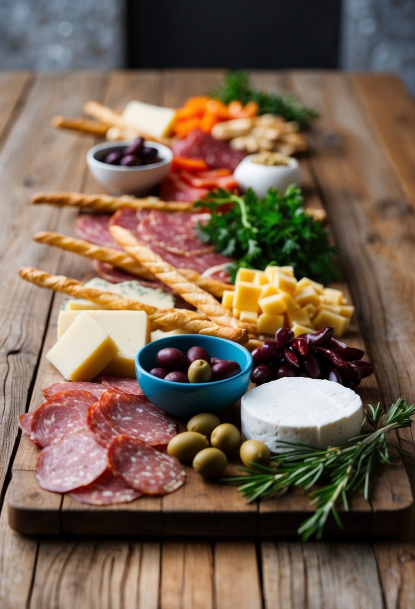 A rustic wooden table adorned with an array of Italian antipasto ingredients, including cured meats, cheeses, olives, and breadsticks