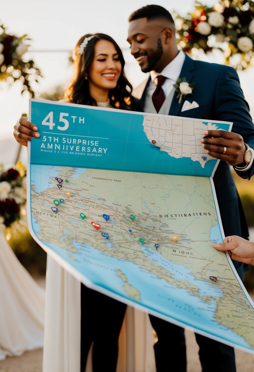 A couple opening a map with destination options for their surprise 45th wedding anniversary party