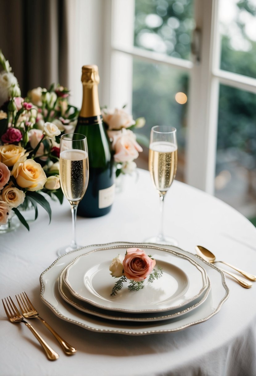 A romantic table setting with champagne, flowers, and elegant dinnerware