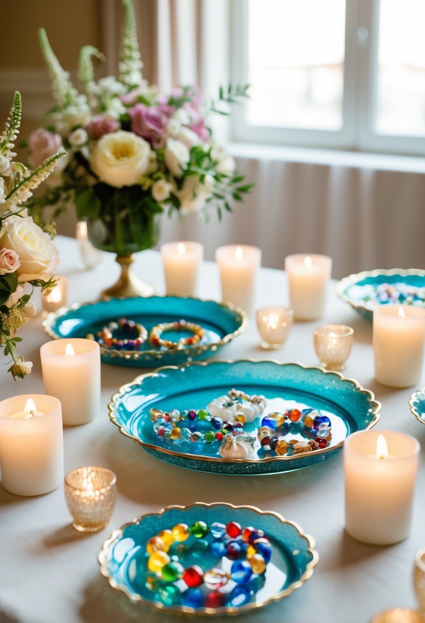 Colorful Murano glass jewelry displayed on elegant trays for an Italian wedding shower, surrounded by delicate floral arrangements and soft candlelight