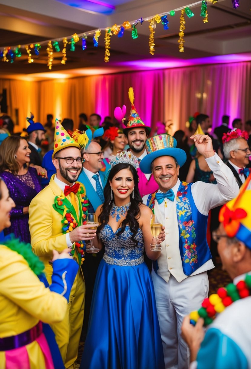 A lively themed costume party celebrates a 45th wedding anniversary with colorful decorations, festive music, and guests dressed in elaborate costumes