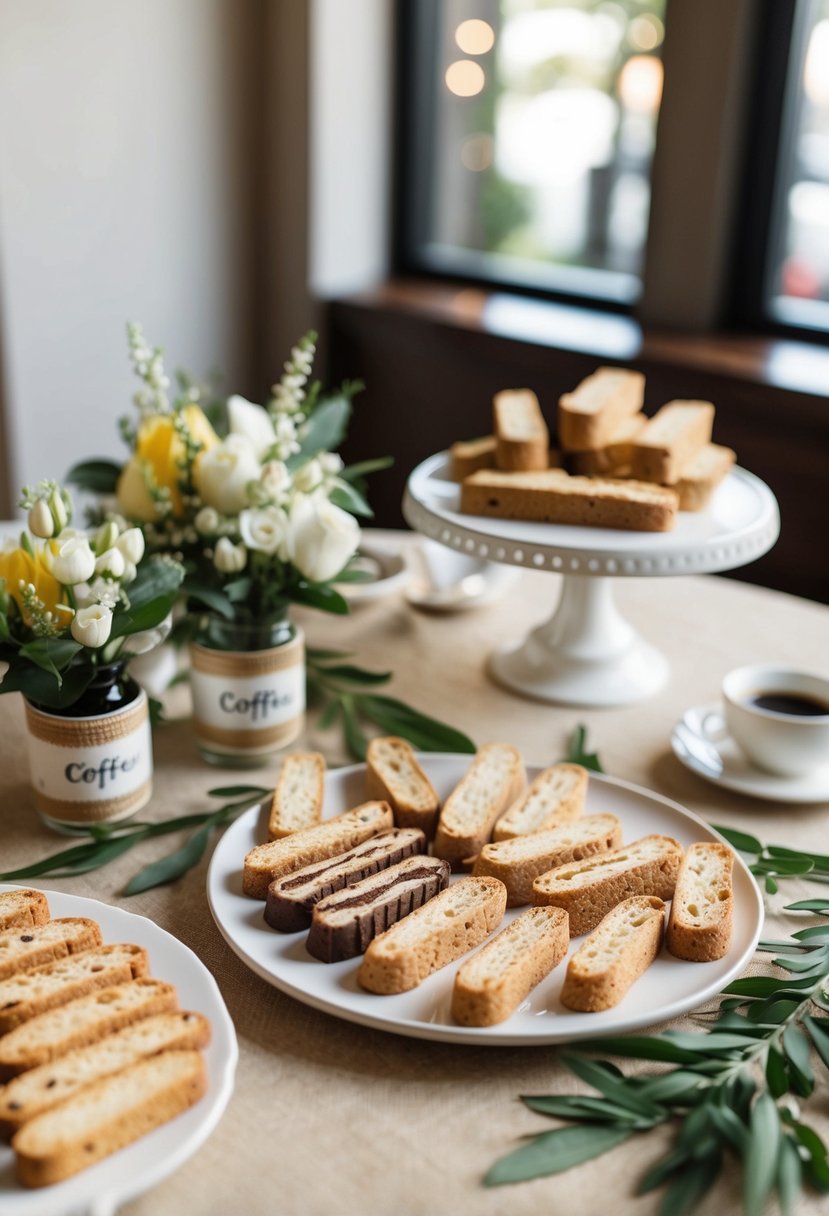 A table set with an assortment of biscotti and coffee desserts, decorated with Italian-themed accents for a wedding shower