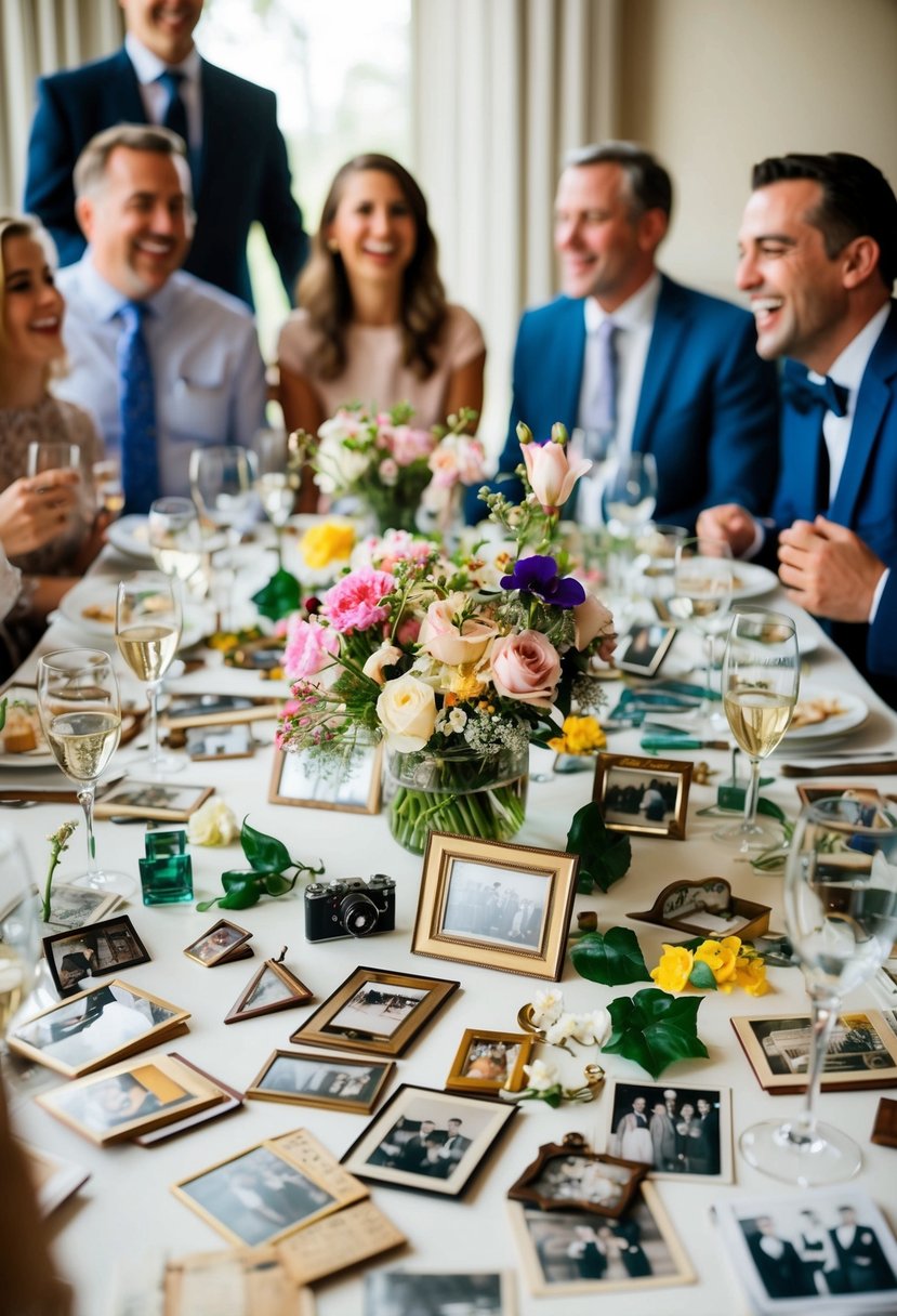 A table scattered with vintage photos, flowers, and memorabilia from the past, surrounded by guests laughing and reminiscing