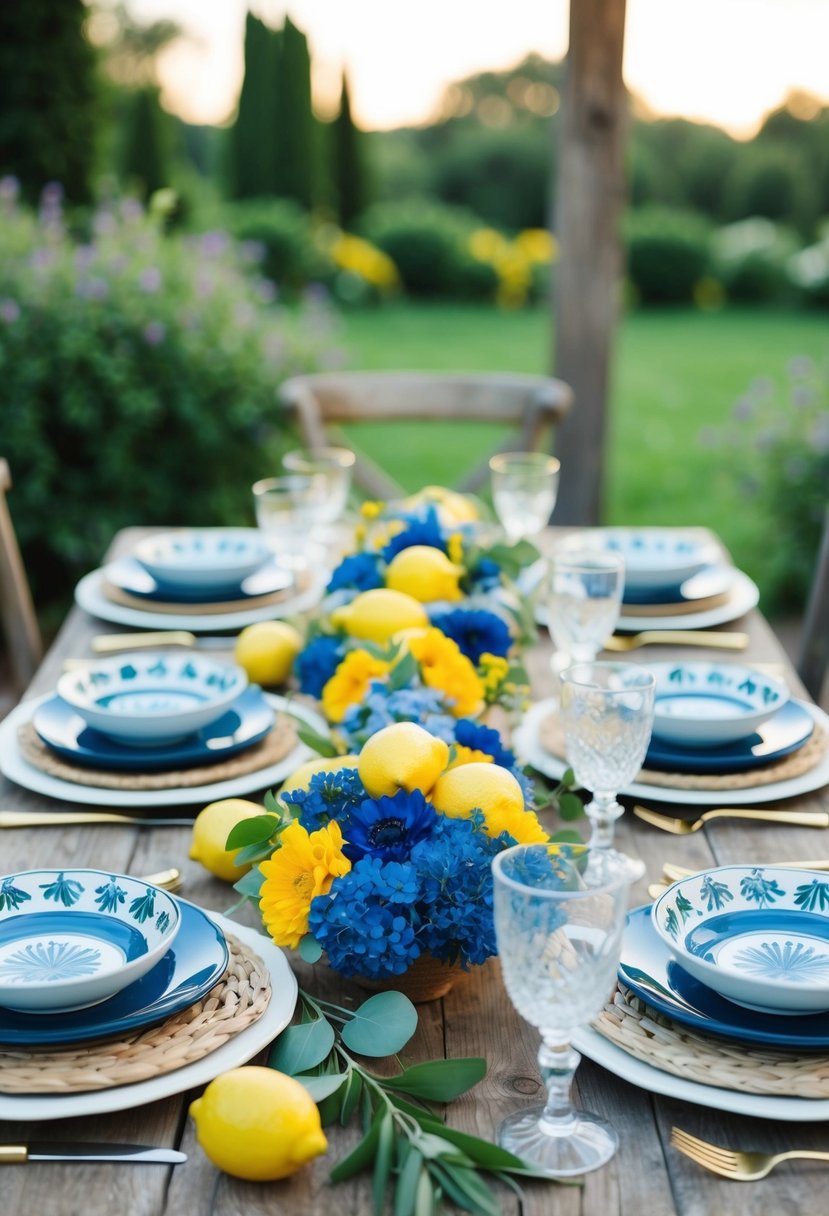 A rustic outdoor table adorned with blue and yellow flowers, lemons, and ceramic dishes for an Italian wedding shower