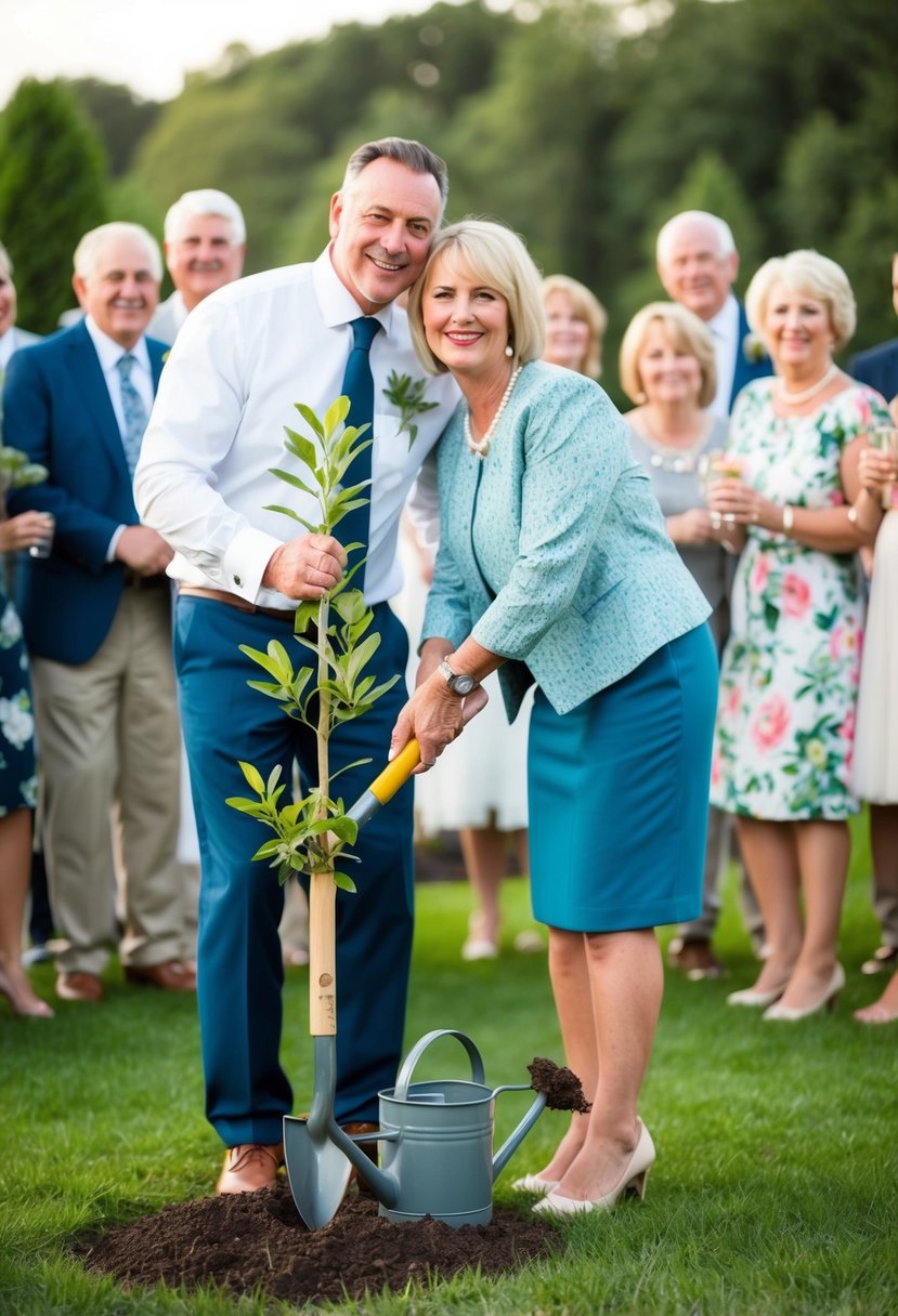 A couple planting a young tree together, with a shovel and watering can nearby, surrounded by friends and family at a 45th wedding anniversary party