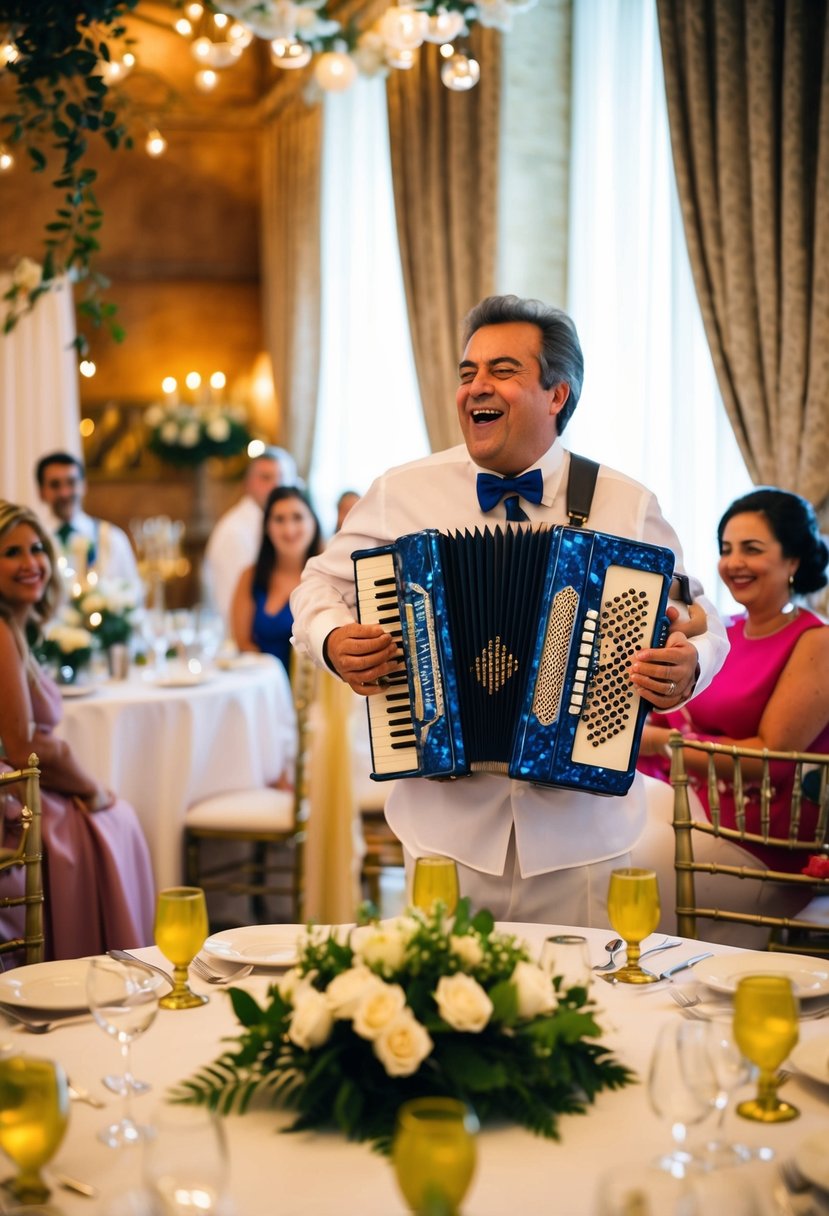 A festive scene with an accordion player performing lively music at an Italian wedding shower. Tables are adorned with traditional decor and guests are enjoying the entertainment