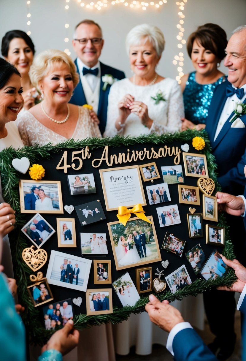 A festive memory board adorned with photos, mementos, and decorative accents, surrounded by guests celebrating a 45th wedding anniversary